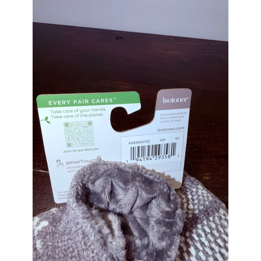 Isotoner smarTouch Ash Grey Fair Isle Snowflake Chenille Knit Gloves New 1SZ - Picture 3 of 5